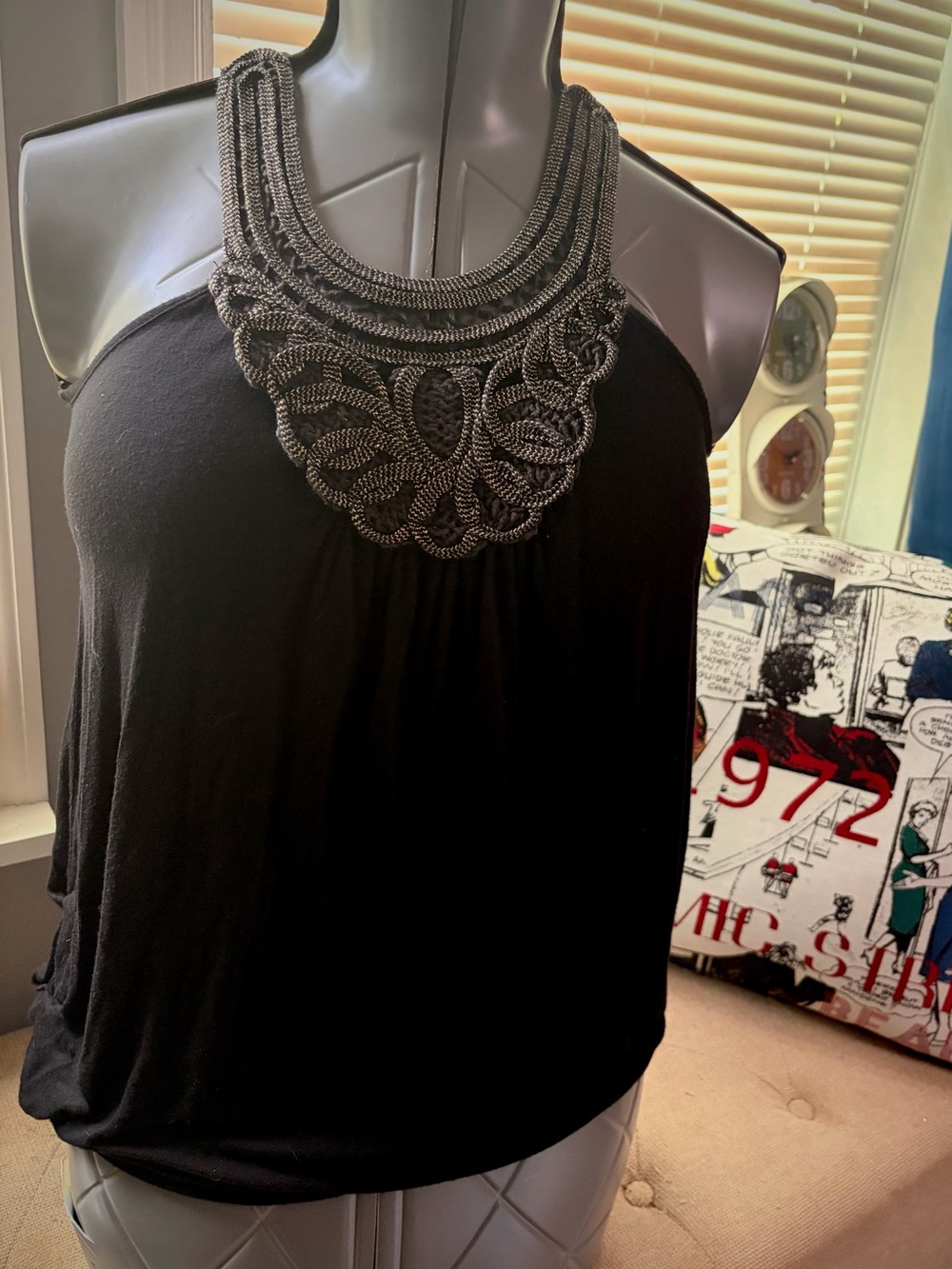 Y2K Black Halter Top with Embellished Necklace Detail